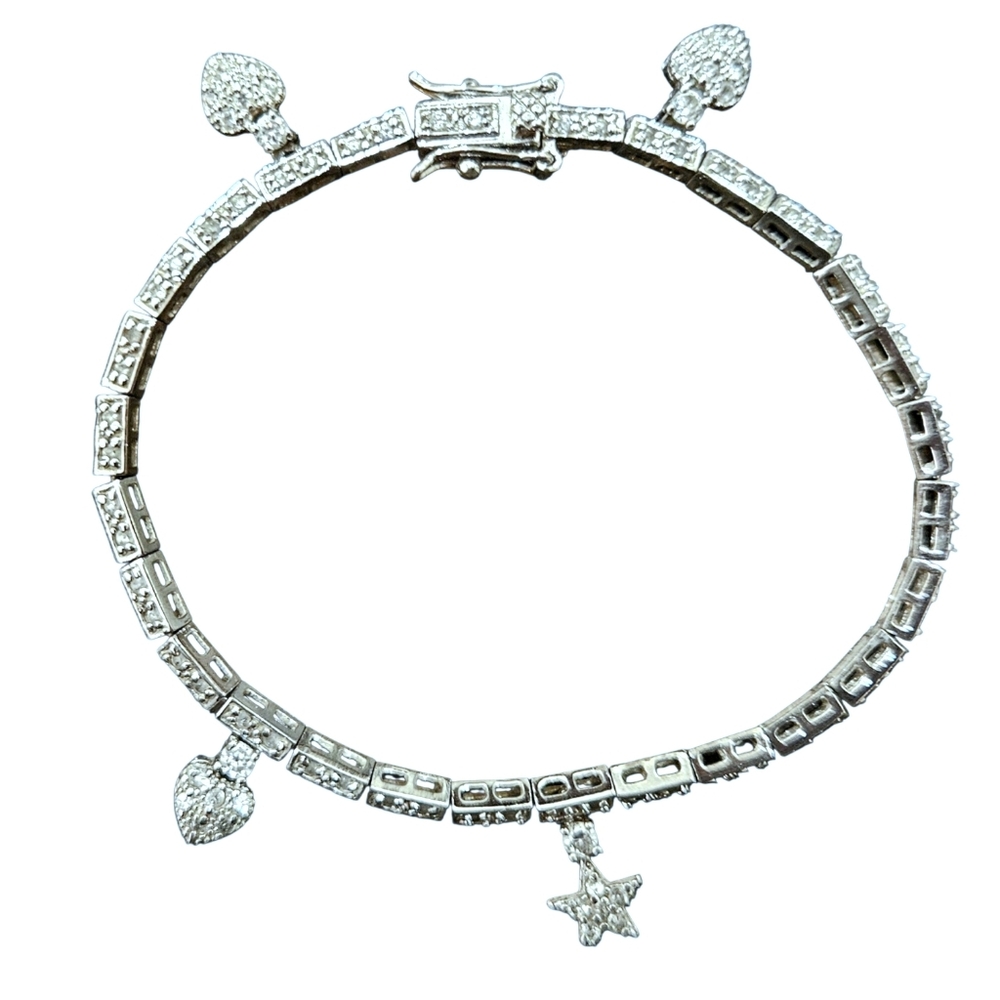 Sterling silver hearts star pave charm bracelet CZ VGUC feminine girlhoodcore